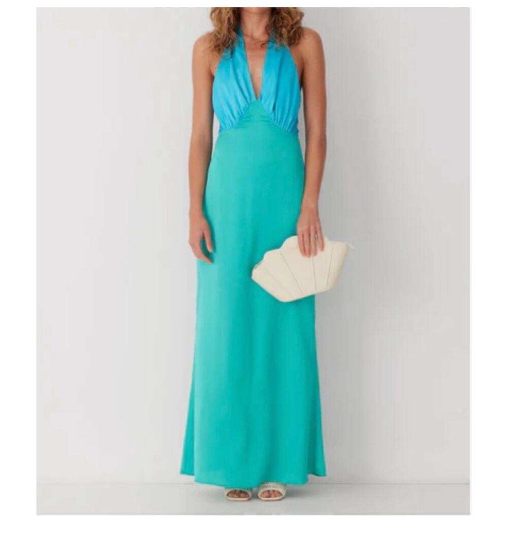 The Wolf Gang Oahu Slip Maxi Dress Blue Aquamarine Halter Neck Tie Silky Satin